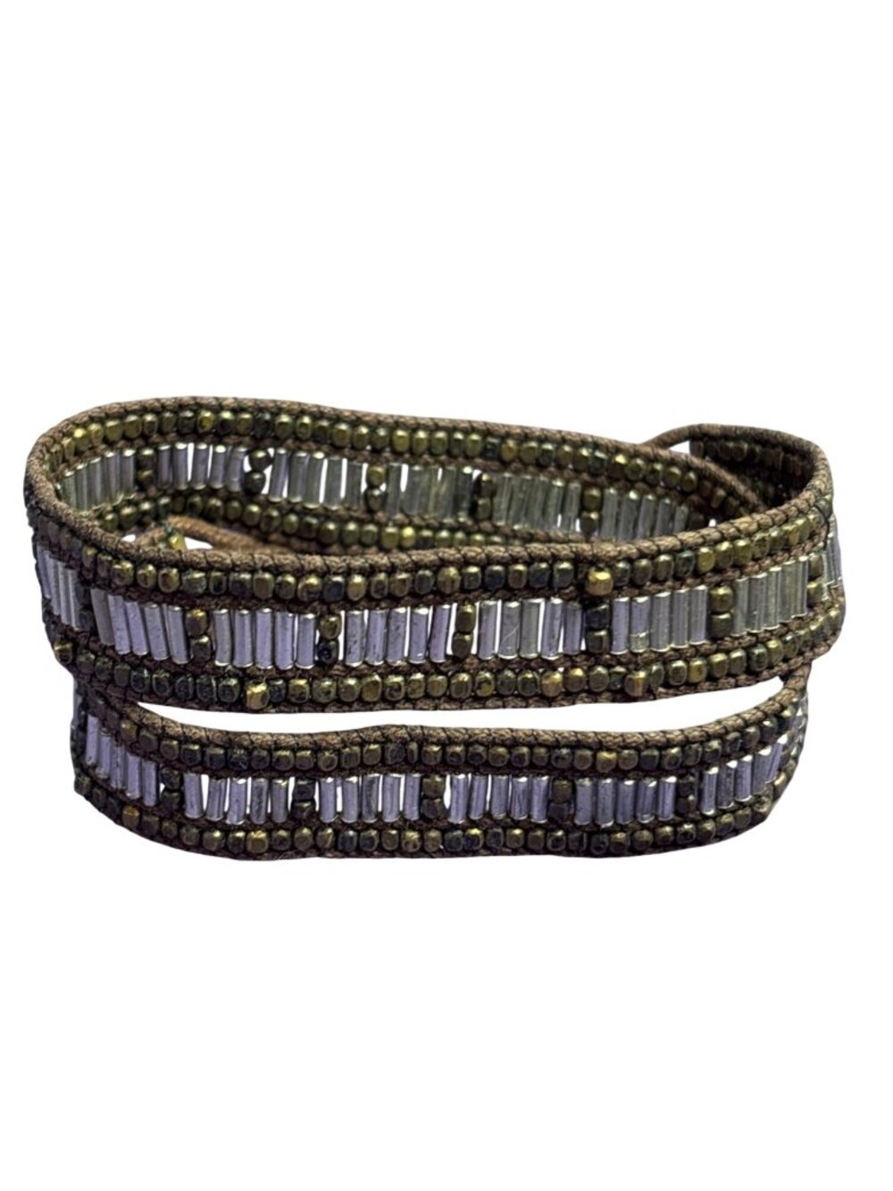 2 Tone Metal Beaded Brown Cord Wrap Bracelet Button Clasp 13.5 inches Long